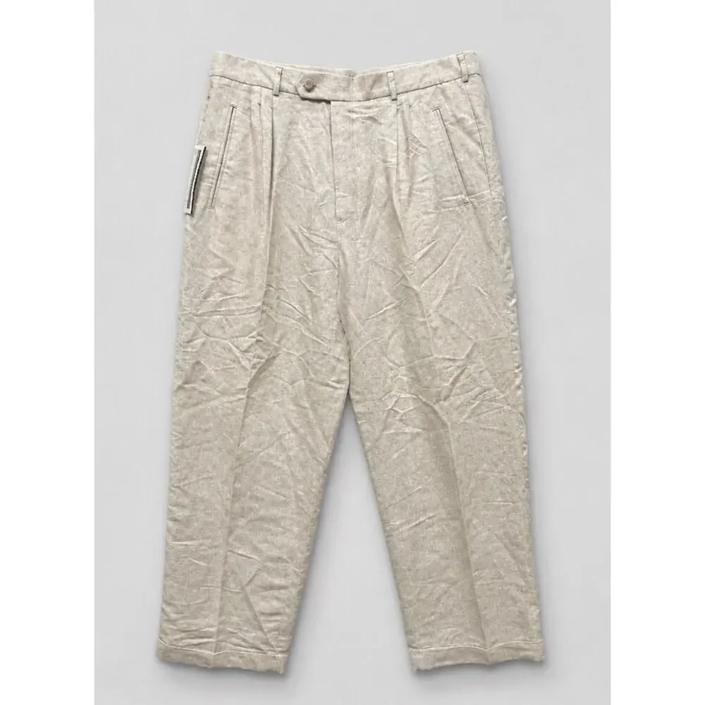 Perry Ellis Preppy Chinos Relaxed Pleated Linen Blend Pants Beige Mens Sz 36x30